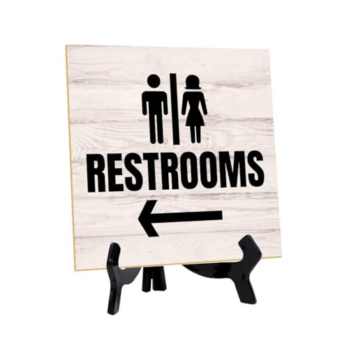 Restrooms Left 5"x 5" Square Table Sign With Acrylic Easel | General Office Notices & Business Table Signs - color: Restrooms Left