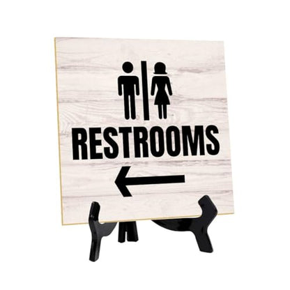 Restrooms Left 5"x 5" Square Table Sign With Acrylic Easel | General Office Notices & Business Table Signs - color: Restrooms Left