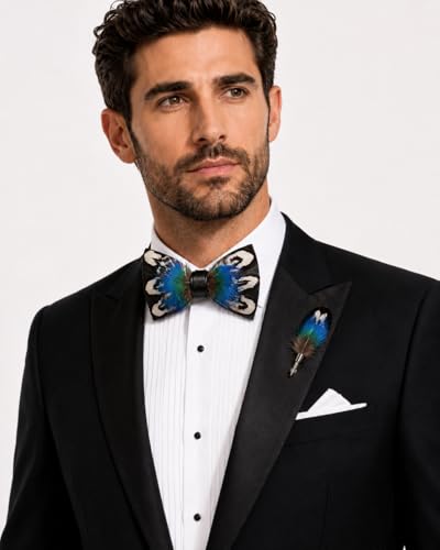 RBOCOTT Handmade Feather Pre-tied Bow tie and Brooch Sets for Men - color: Blue/White/Black