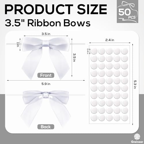 50 Pcs White Satin Ribbon Bows, 3.5" x 3.5", with Twist Ties - color: White