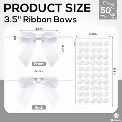 50 Pcs White Satin Ribbon Bows, 3.5" x 3.5", with Twist Ties - color: White