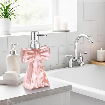 AceOrbit Ceramic Pink Bow Soap Pump Dispenser Hand Lotion Liquid Dispenser