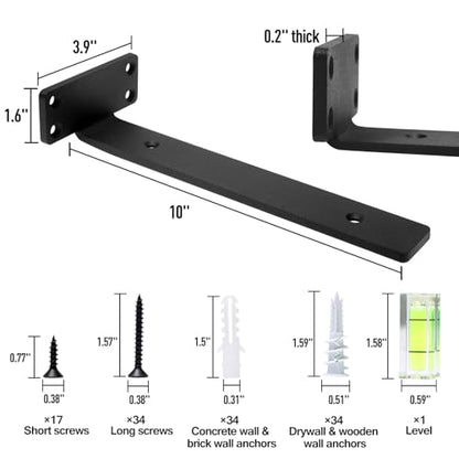 HITOMEN Heavy Duty Floating Shelf Brackets, 10-Inch (1/5'' Thick) Hidden Shelves Hardware, Iron L Brackets, Rustic Industrial Black Metal Wall Shelving Supports, 8 Pack - size: 10 Inch, style: 8 Pack