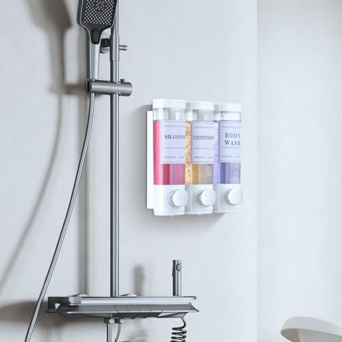 Shower Soap Dispenser Wall Mounted No Drill Shampoo Dispenser for Shower Wall Shampoo and Conditioner Dispenser Bathroom Hotel 3 * 350ml White with 3 Labels - color: White 3