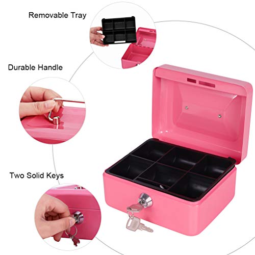 Cash Box with Money Tray, Parrency Small Money Box with Key Lock, 6" x 4 4/5" x 3", Pink - color: Pink, size: Small（5.9")