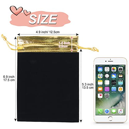 HRX Package 10pcs Velvet Gift Bags 5x7 in for Jewelry Dice Party Favor - color: Black Gold