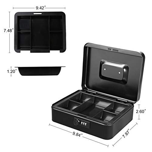 Cash Box with Money Tray, Parrency Large Money Box with Combination Lock, 9.8 x 7.9 x 3.5 inches, Black - color: Combo Black, size: Large（9.84")