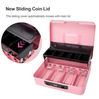 Jssmst Metal Cash Box with Money Tray and Lock, Portable Cash Drawer, 11.8" - color: Pink Code-B