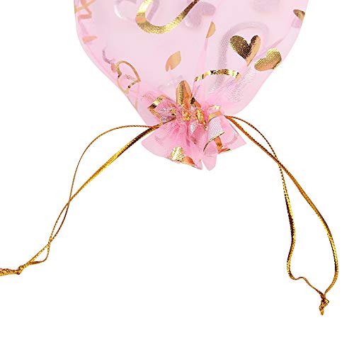 Volanic 100PCS 4X6 Inch Sheer Heart Organza Bags with Drawstring for Christmas Candy Jewelry Party Wedding Favor Gift Bag - color: Pink