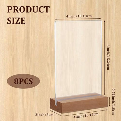 8 Pack Clear Acrylic Sign with Wood Base T Shape Sign Holder Vertical Acrylic Blank Stands Desktop Display Plastic Menu Frames Double Sided Flyer Stand for Wedding Restaurant Party Decoration