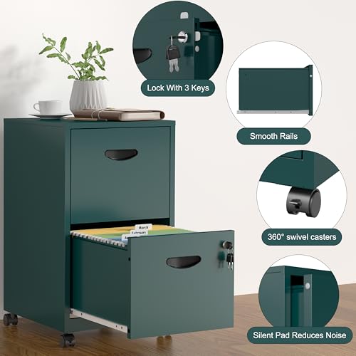 SteeLoong 2 Drawer File Cabinet,Metal Mobile File Cabinet with Lock Green - color: Green, style: 2 Drawer on Wheels