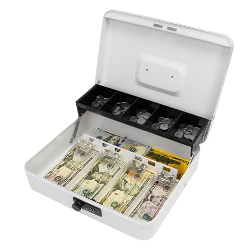 Cash Box with Combination Lock, Metal Money Box with Money Tray, Petty Cash Lock Box for Garage Sale, Yard Sale, Small Business, 11.8" x 9.4" x 3.5" (White Combination)