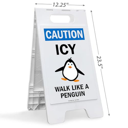 SmartSign 25 x 12 inch “Caution - ICY, Walk Like A Penguin” Two-Sided Folding Floor Sign, Digitally Printed Plastic, Blue, Black & White
