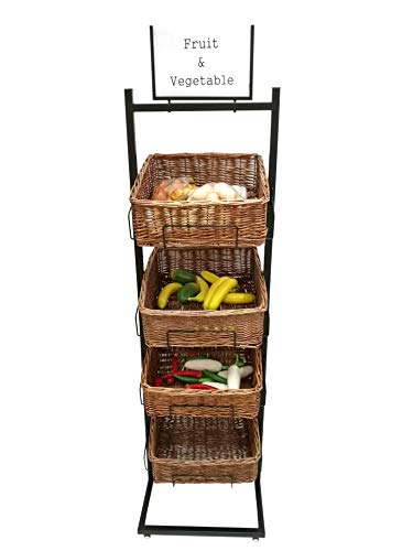 FixtureDisplays® 4 Tier Basket Stand Wicker Basket Bakery Rack Produce Stand Food Rack Fruit, Wicker - Black 120005-NPF