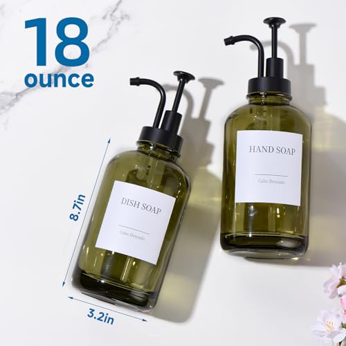 Glass Soap Dispenser with Pump, Dish and Hand Soap Dispenser for Kitchen Bathroom Set, Clear Glass Dispenser Set of 2 Pack with 18 Stickers Funnel Bamboo Tray 500ml 18oz Olive Green - color: Glass Olive Green