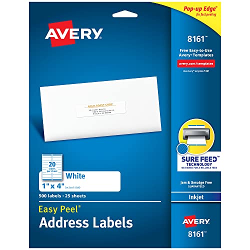 Avery Easy Peel Printable Address Labels with Sure Feed, 1" x 4", White, 500 Blank Mailing Labels (08161) - style: 500 Labels