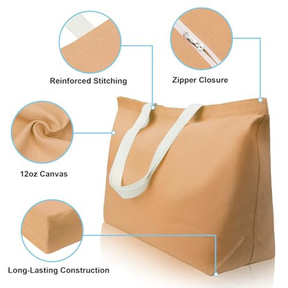 Large Canvas Tote Bag Reusable Extra Big Grocery Bags - color: Brown With Zipper