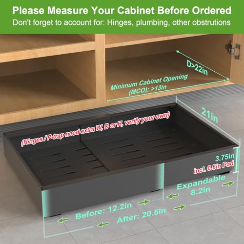 ANTOWIN 2-Pack Expandable Pull Out Cabinet Organizer 21"Deep(12.2"-20.5"W), 3 Full Extension Glides Slide Out Drawers, Roll Out Shelves Adhesive Raising Pad,Compatible Framed Cabinets,90lb Cap,Black - size: 21"D x 12.2"-20.5"W(2Pack) Black