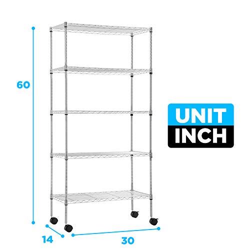 FDW | 5-Tier Wire Shelf with Wheels | 30" x 14" x 60" | Chrome - color: Chrome, size: 30×14×60