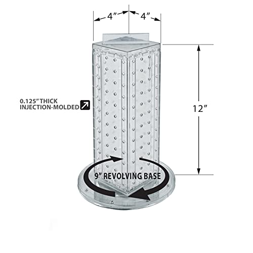 Azar Displays 700220-CLR-2C16 Four-Sided 4”W x 12” Revolving Pegboard Tower Kit Counter Display with 16-Pack of 2 inch Locking Hooks, Clear - color: Clear, style: Pegboard + Hooks