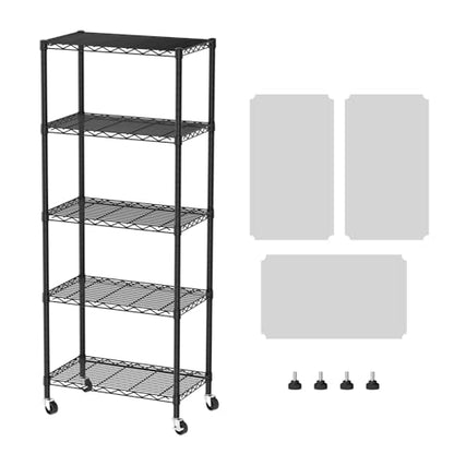 SINGAYE 5 Shelves Storage Wire Shelf Closet Metal Shelving Pantry Wheels - color: Black, size: 5Tier/14"D X 24"W X 61"H
