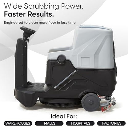 Battery Powered Ride-On Commercial Floor Scrubber Machine, 22" Brush, 31.5" Squeegee Width, 19 gal Solution Tank, 20 gal Recovery Tank, 5 hr Use 7 hr Charge, 200 RPM, 48,400 Sqft/H, Batteries Included - size: 22"