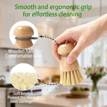 2 Pack Wooden Dish Brush with Soft Rubber Hanging Ring