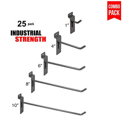 Only Hangers Commercial Grade Chrome Slatwall Hooks - Combo Pack of 25 Assorted Size Peg Hooks for Slatwall - (5) of Each 1",4",6", 8" and 10" Hooks