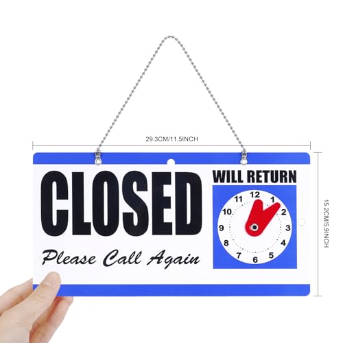 Eagle Open and Closed Sign, Plastic, with Hanging Chain, Dual Sides with “Will Return” Clock, 6X11.5-Inches