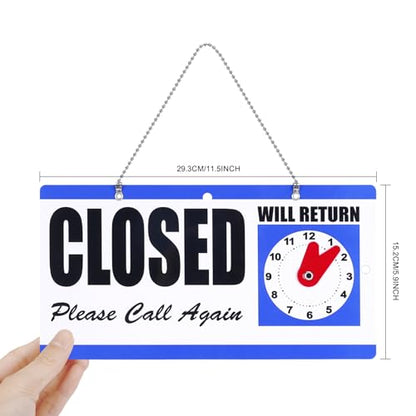 Eagle Open and Closed Sign, Plastic, with Hanging Chain, Dual Sides with “Will Return” Clock, 6X11.5-Inches