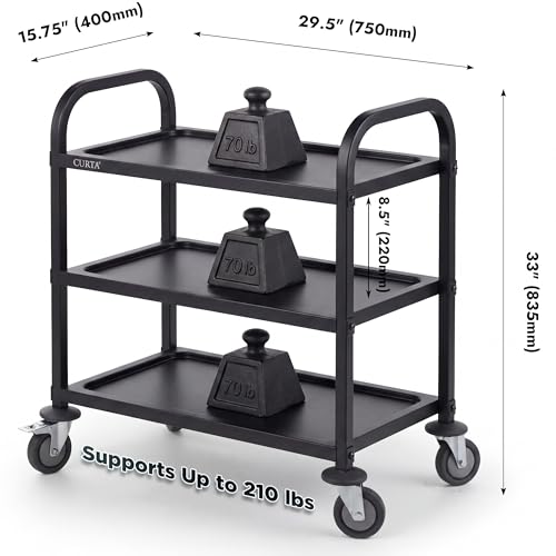CURTA Black Stainless Steel Serving Cart, 3-Tier Rolling Utility Trolley (30"x16"x33"), Heavy Duty Painted Kitchen Cart on Wheels with Brakes, Commercial Grade for Restaurant, Hotel, Salon & Lab - color: M(black): 30''(l) X 16''(w) X 33''(h)