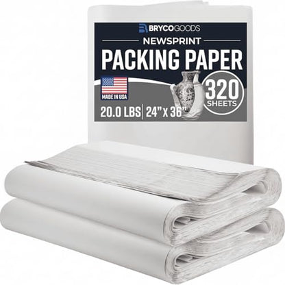 Bryco Goods 24" x 36" Newsprint Packing Paper Sheets for Moving | 320 Sheets | 20lb | Made in USA | Newspaper Paper | Must Have in Your Shipping Supplies - size: 320 Sheets (24" x 36")