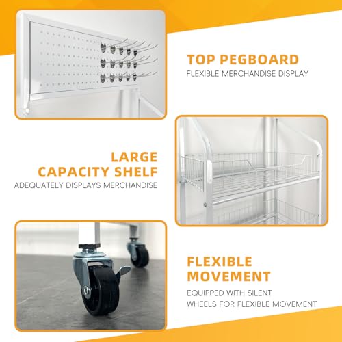 5 Tier Snack Rack Display Stand - Retail Display Shelves with Top Pegboard, 15 Hooks, Bakery Display Rack on Wheels for Easy Mobility and Organization (White) - color: White