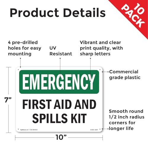 First Aid And Spills Kit OSHA Emergency Rigid Plastic Sign 10 Inch x 7 Inch - 10 Pack - color: Plastic, size: 10 Pack of 10" x 7"