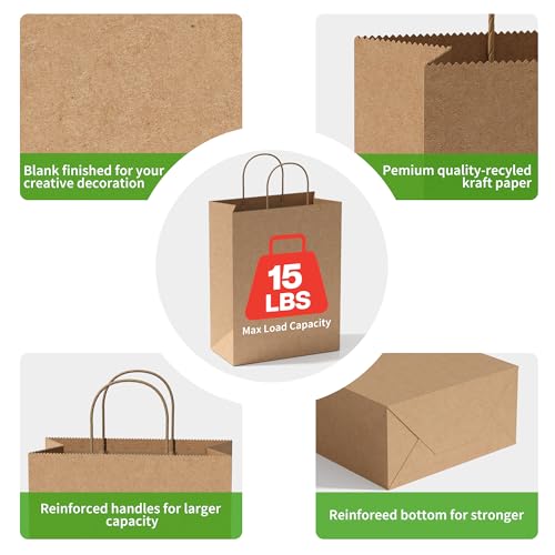 Simple Deluxe 100-Pack 10x5x13 Inch Kraft Paper Bags with Handles, Recycled Natural Brown Gift Shopping Bags for Retail Business Grocery Party Favor Merchandise Bulk - size: 1 Count (Pack of 100)