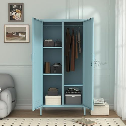 Metal Armoire Wardrobe Closet, 67" Tall Blue Lockable Wardrobe Cabinet with 2 Doors, Hanging Rod and Adjustable Shelves, Steel Clothing Storage Cabinet for Bedroom, Home, Cloak Room, Gym, Office - color: Ocean, style: Wardrobe-67"H-JS