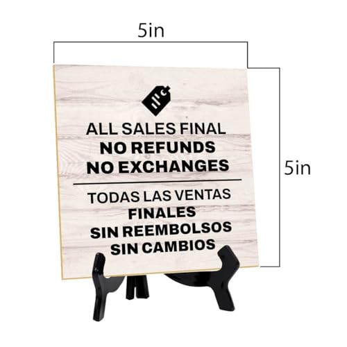 All Sales Final No Refunds No Exchanges Todas Las Ventas Finales Sin Reembolsos Sin Cambios 5"x 5" Square Table Sign With Acrylic Easel | General Office Notices & Business Table Signs - color: All Sales Final