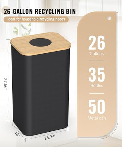 26 Gallon (100L) Recycling Bins for Kitchen with Bamboo lid, Black - color: Black