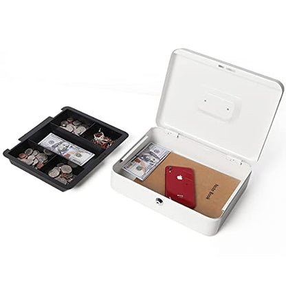 Cash Box with Money Tray and Key Lock, Parrency Large Money Box, 11 4/5" x 9 2/5" x 3 1/2", (XLarge with Key Lock White, XLarge) - color: White, size: XLarge（11.8")