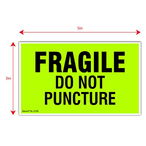 Kenco 3" X 5" Fragile Do not Puncture Fluorescent Shipping Label Stickers - 500 Permanent Adhesive Labels Per Roll (5 Pack) - size: 5 PACK