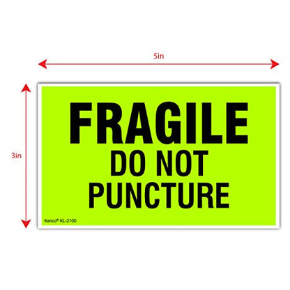 Kenco 3" X 5" Fragile Do not Puncture Fluorescent Shipping Label Stickers - 500 Permanent Adhesive Labels Per Roll (5 Pack) - size: 5 PACK