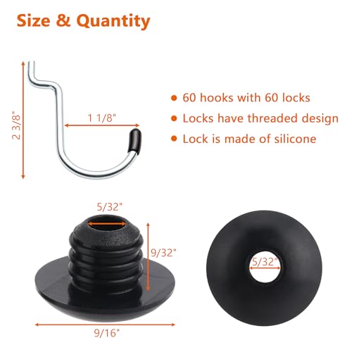 60PCS Pegboard J Hooks with 60PCS Pegboard Hook Locks, Will Not Fall Out, for Hanging Jewelry, Tools