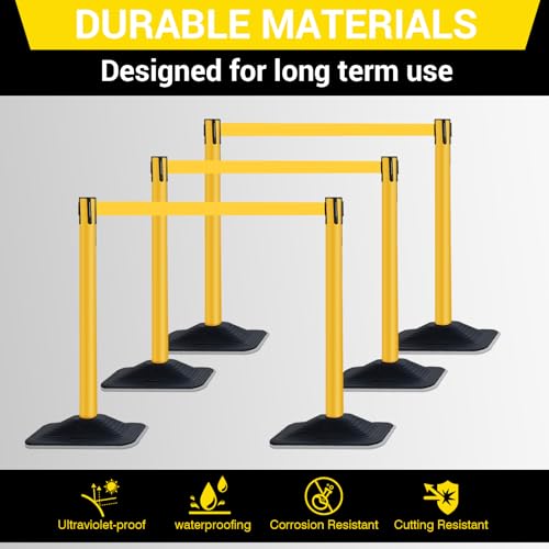 10 ft Crowd Control Stanchion Set, Yellow Crowd Control Barrier with Retractable Belts & Rubber Base, Queue Management Stanchion (4 Pack) - size: Rubber Base-4 Pack