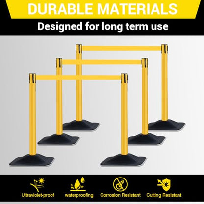 10 ft Crowd Control Stanchion Set, Yellow Crowd Control Barrier with Retractable Belts & Rubber Base, Queue Management Stanchion (4 Pack) - size: Rubber Base-4 Pack