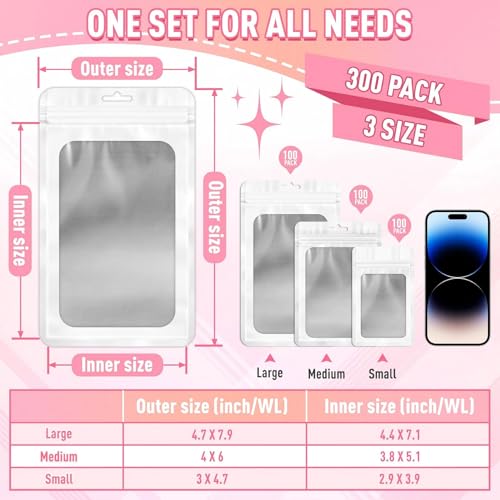 ANZNKU 300 Pcs Mylar Bags 3 Size, White Resealable Smell Proof Bag Sealable - color: Matte White, size: Mix Sizes