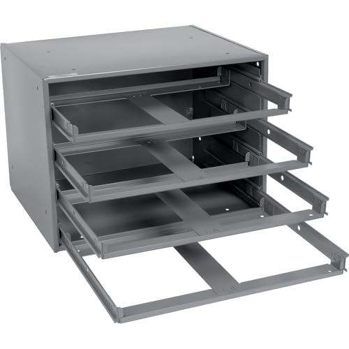Global Industrial Durham Steel Compartment Box Rack with Four Adjustable Divider Compartment Boxes, 18" L x 12" W x 3" H Boxes, 20" L x 15-3/4"W x 15" H Overall