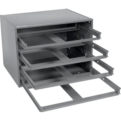 Global Industrial Durham Steel Compartment Box Rack with Four Adjustable Divider Compartment Boxes, 18" L x 12" W x 3" H Boxes, 20" L x 15-3/4"W x 15" H Overall