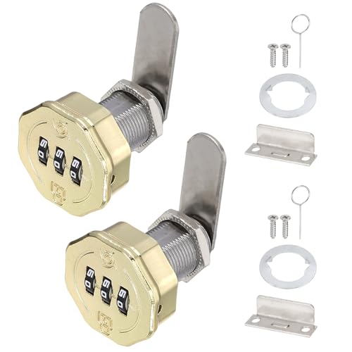 PATIKIL 2 PCS Combination Cabinet Cam Lock, 3-Digit Keyless Metal Locks with 13/16Inch Cylinder for Cabinet Drawer Doors Deposit Box Filing Mailbox, Gold - color: Gold, size: 13/16Inch