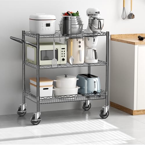 1050Lbs Heavy Duty 3 Tier Rolling Utility Metal Storage Cart with Wheels - color: Black（18d X 36w X 32h, 1050lb）