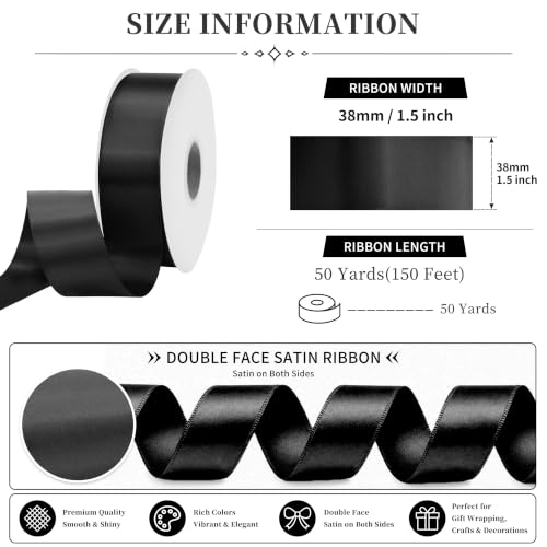 MAYREEL 1.5 inch Black Double Faced Satin Ribbon 50 Yards - color: Black, size: 1-1/2 Inch